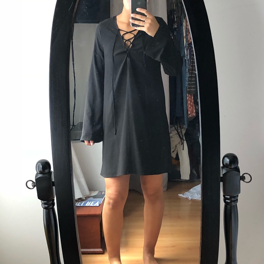 NWOT black lace up/tie up front dress